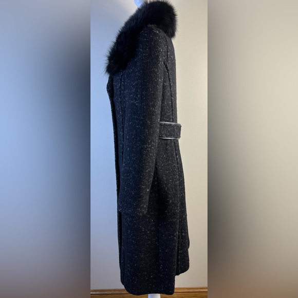 Elie Tahari Fur Trimmed Black and White Tweed Wool Coat, Size Medium - Picture 8 of 12